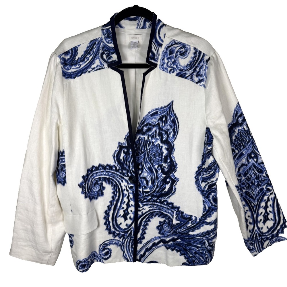 Chico's Jacket Women's Size 3 100% Linen with Lining Pockets Paisley